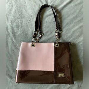 Beijo Classic purse on pink and brown with 2 sets of handles.